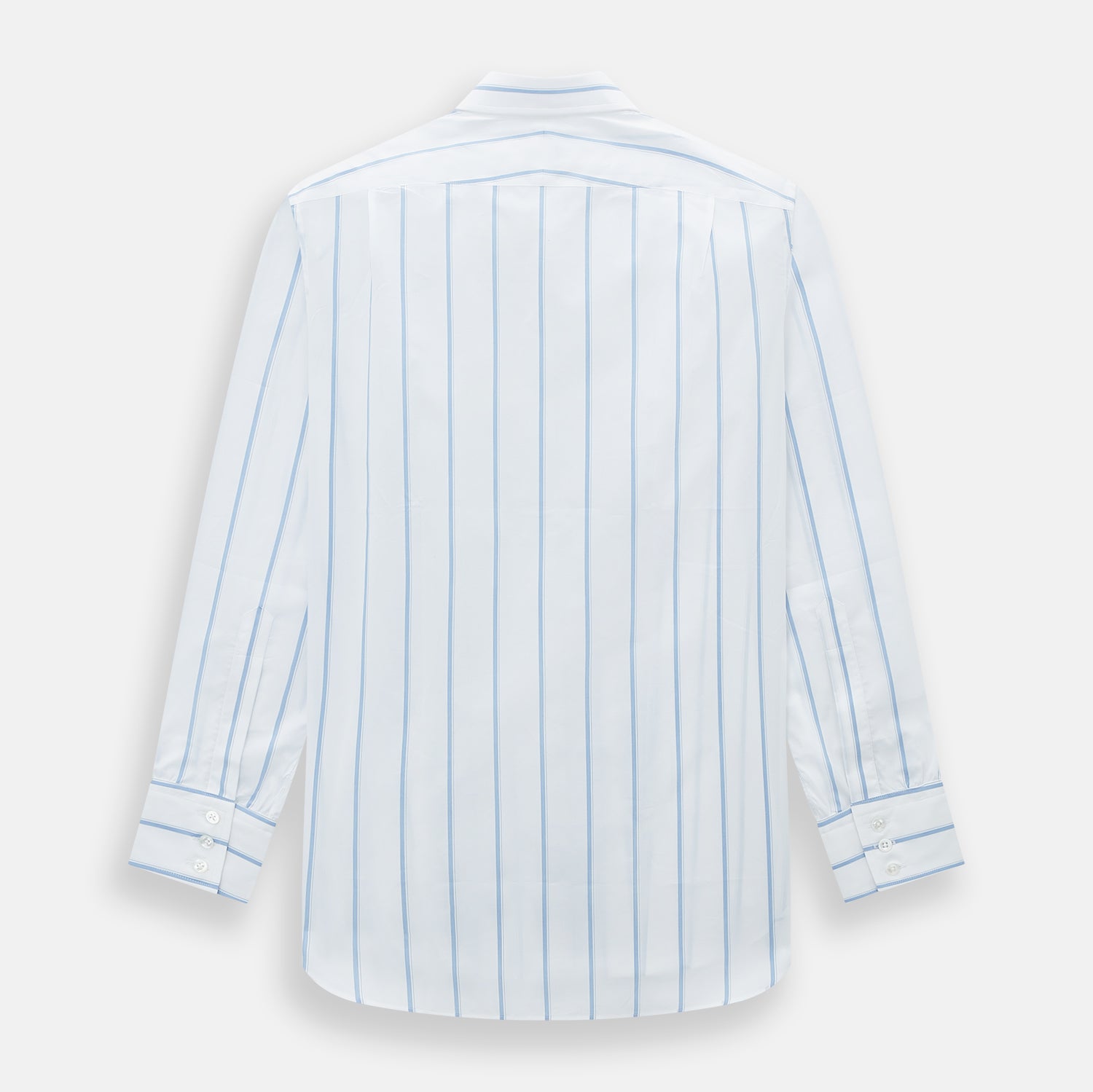 View 3 of product The Colony Blue Track Stripe Mayfair Shirt by Turnbull & Asser is a long-sleeve, button-up Italian cotton shirt with a white base and blue stripes, pointed collar, and buttoned cuffs, shown laid flat on a white background.