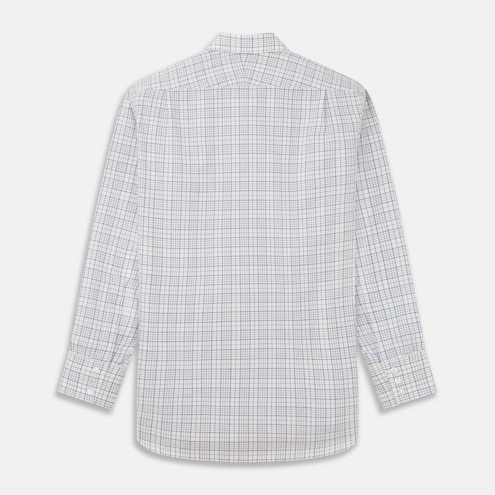 The Turnbull & Asser Blue Multi Check Regular Fit Cotton-Cashmere Shirt features a T&A collar, 3 button cuffs, and a white background with tonal blue and light brown checks—shown flat against a white background.