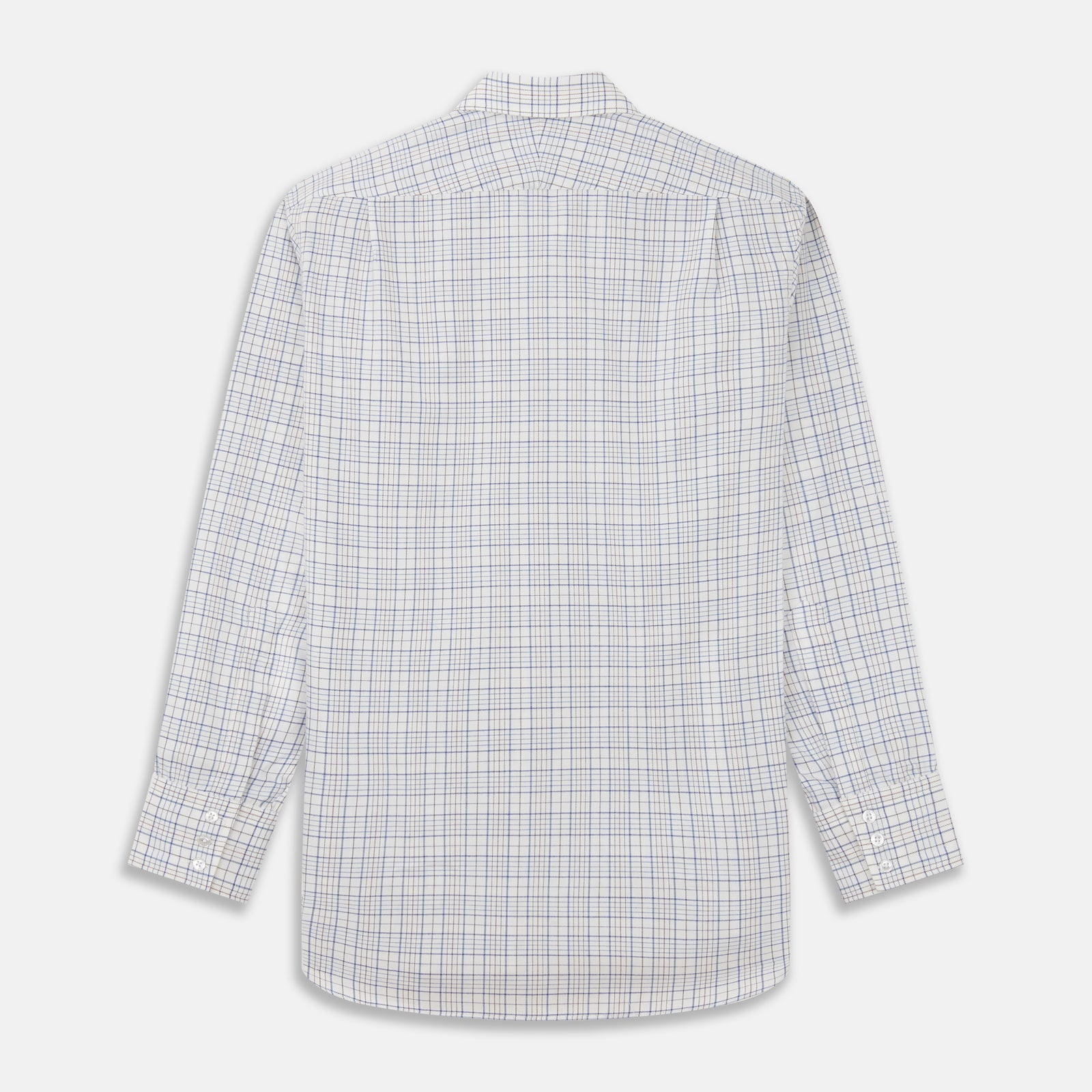 View 5 of product The Turnbull & Asser Blue Multi Check Regular Fit Cotton-Cashmere Shirt features a T&A collar, 3 button cuffs, and a white background with tonal blue and light brown checks—shown flat against a white background.