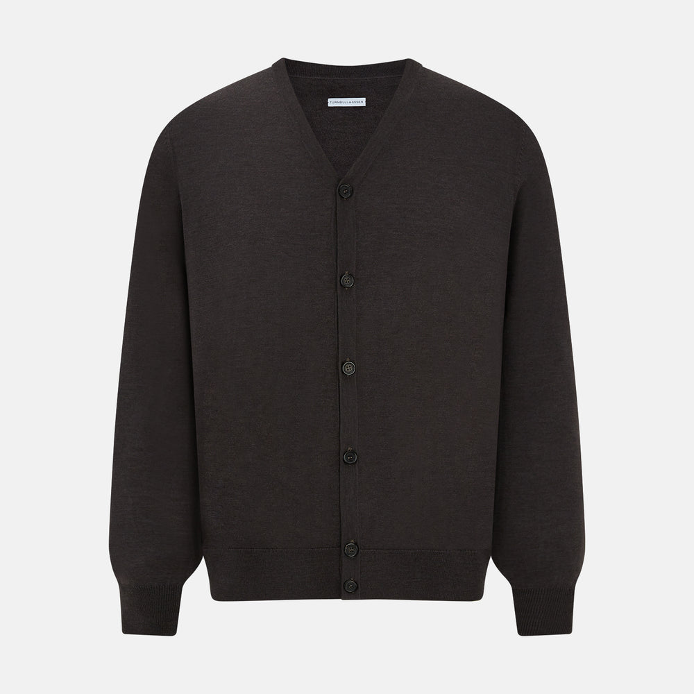 The Turnbull & Asser Brown Fine Merino V-Neck Cardigan is a classic, long-sleeved button-up knitwear piece, shown on a white background—a wardrobe essential.
