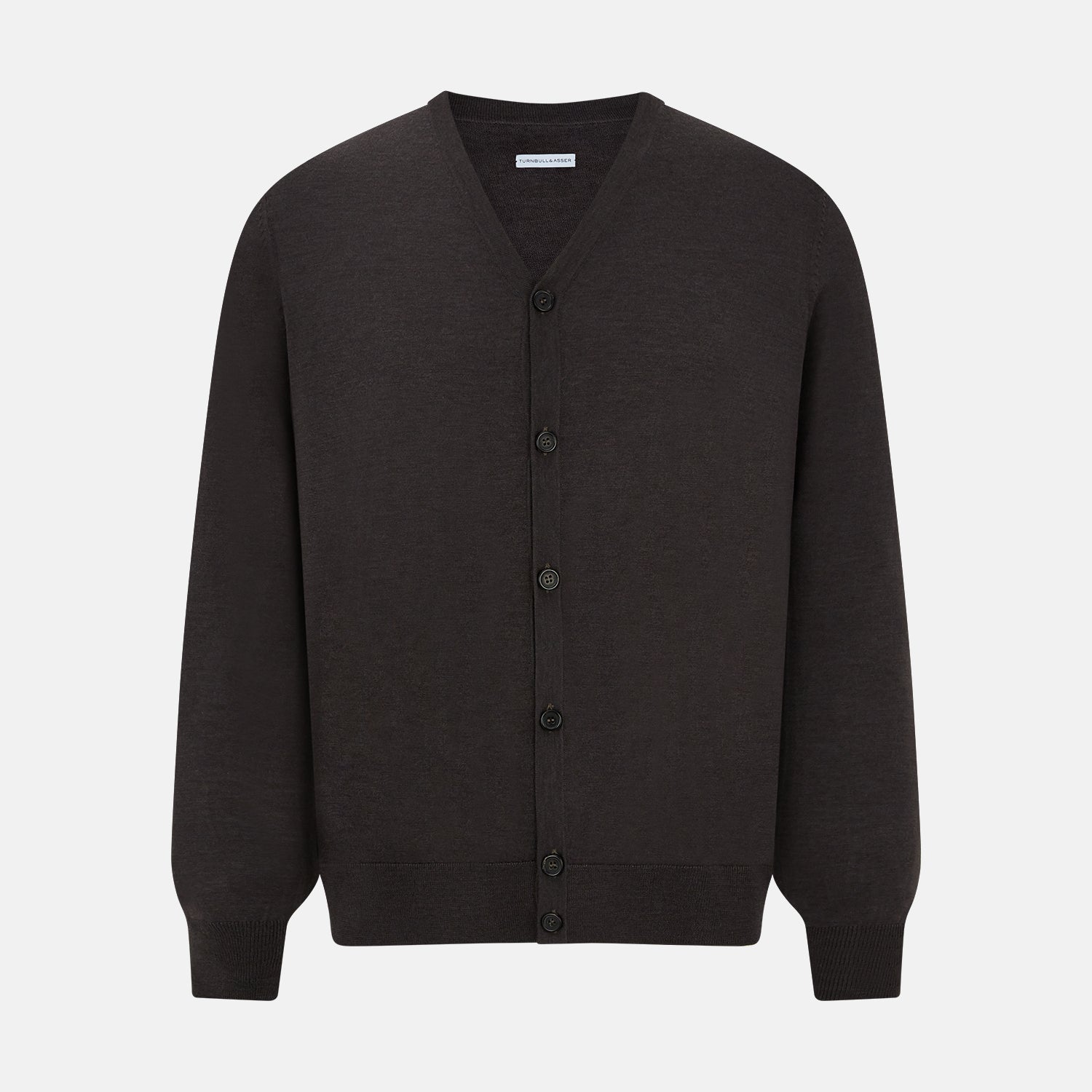 View 1 of product The Turnbull & Asser Brown Fine Merino V-Neck Cardigan is a classic, long-sleeved button-up knitwear piece, shown on a white background—a wardrobe essential.