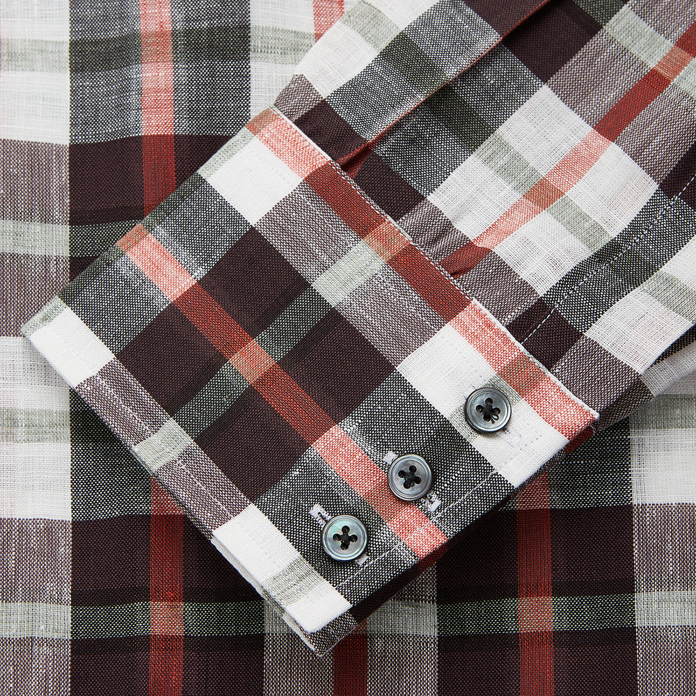 The Turnbull & Asser Black Multi-check Linen Blend Regular Fit Mayfair Shirt features long sleeves, a classic T&A collar and cuffs, and a black-and-red check pattern, shown on a white background.
