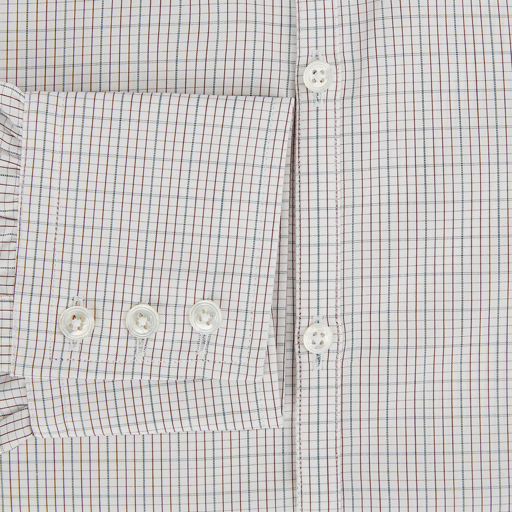 A long-sleeved, button-down BURGUNDY AND GREEN DOUBLE GRID CHECK WESTMINSTER SHIRT by Turnbull & Asser, featuring a classic collar and elegant check pattern—an outstanding piece of British craftsmanship.