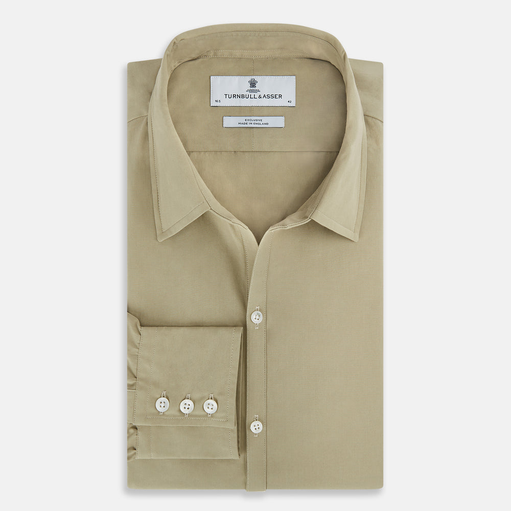 The TAUPE WINDSOR SHIRT by Turnbull & Asser features a Windsor collar and buttoned cuffs. This long-sleeve shirt showcases refined British design and is displayed flat on a white background.