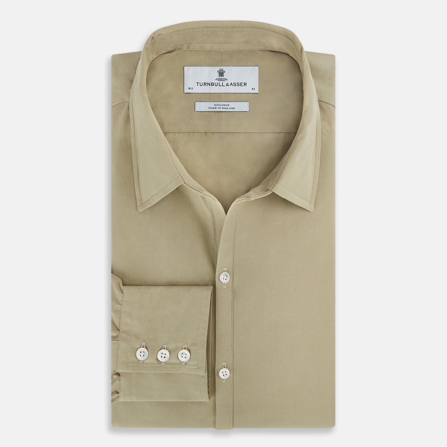 View 5 of product The TAUPE WINDSOR SHIRT by Turnbull & Asser features a Windsor collar and buttoned cuffs. This long-sleeve shirt showcases refined British design and is displayed flat on a white background.