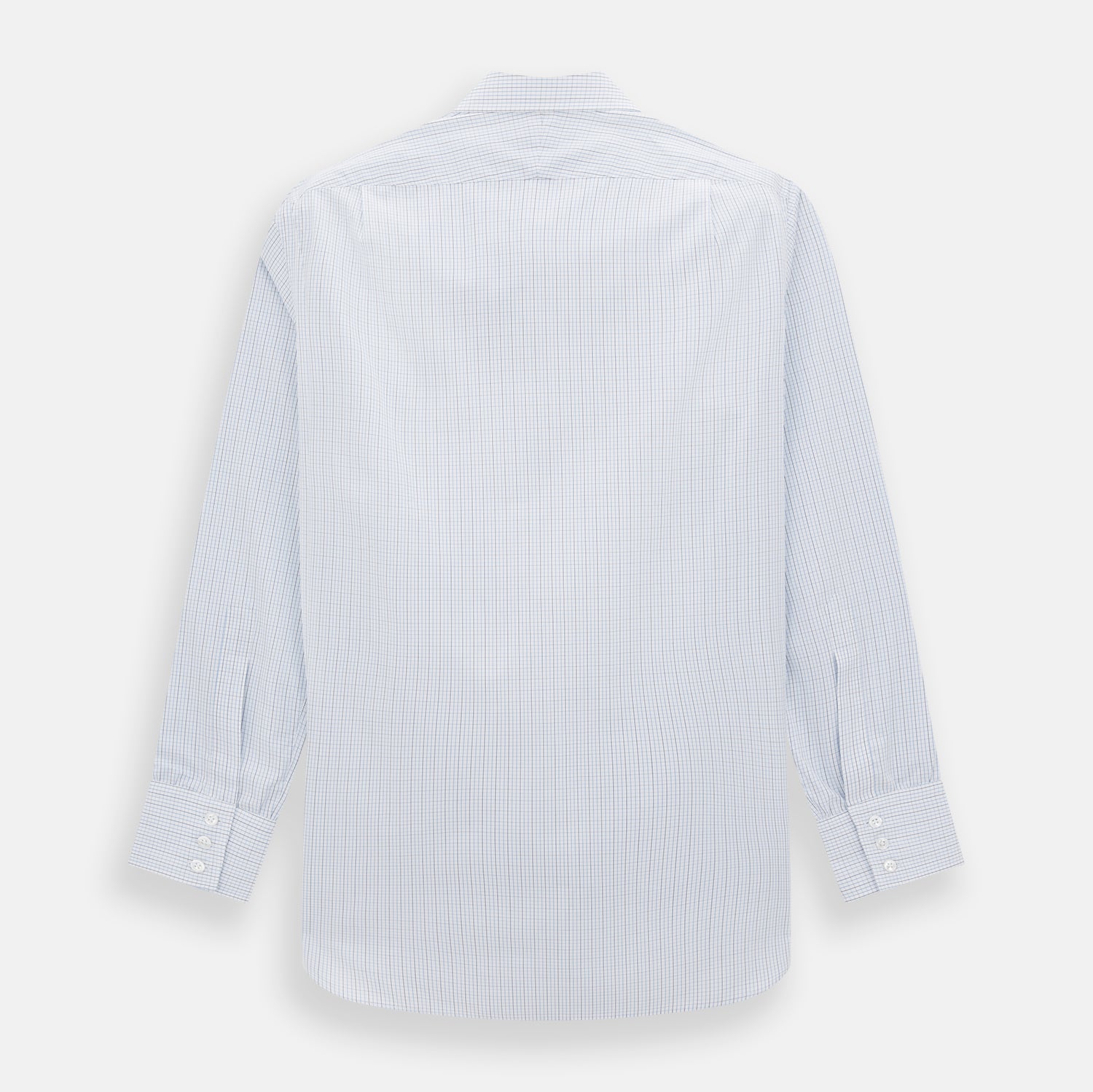 View 3 of product The Turnbull & Asser Pale Blue and Navy Grid Check Mayfair Shirt is a long-sleeve, button-up shirt made from fine Italian cotton, featuring a pointed collar and buttoned cuffs, shown against a plain white background.