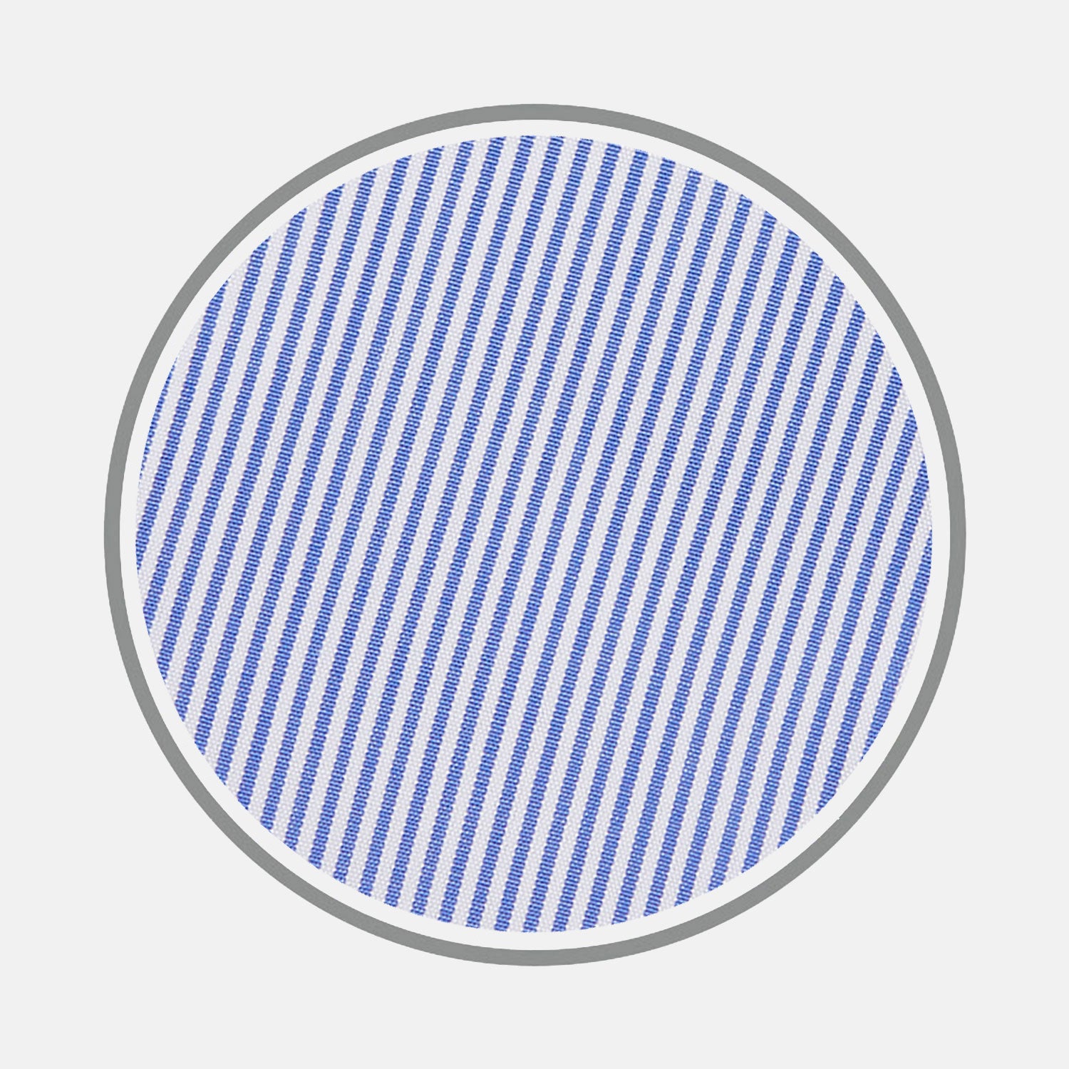 View 1 of product A circle with a gray border features evenly spaced, diagonal blue stripes on a white background, resembling Turnbull & Asser's Blue Fine Bengal Stripe Cotton Fabric. The stripes run from the top left to bottom right.