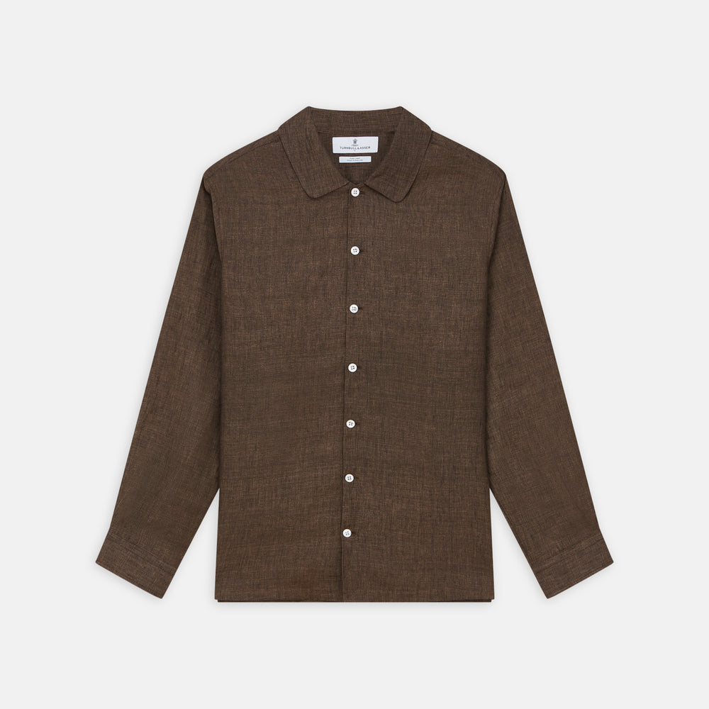 The Turnbull & Asser Chocolate Brown Linen Holiday Fit Fellows Shirt, featuring long sleeves, a classic collar, and white buttons, is displayed flat on a white background—ideal for effortless summer style.