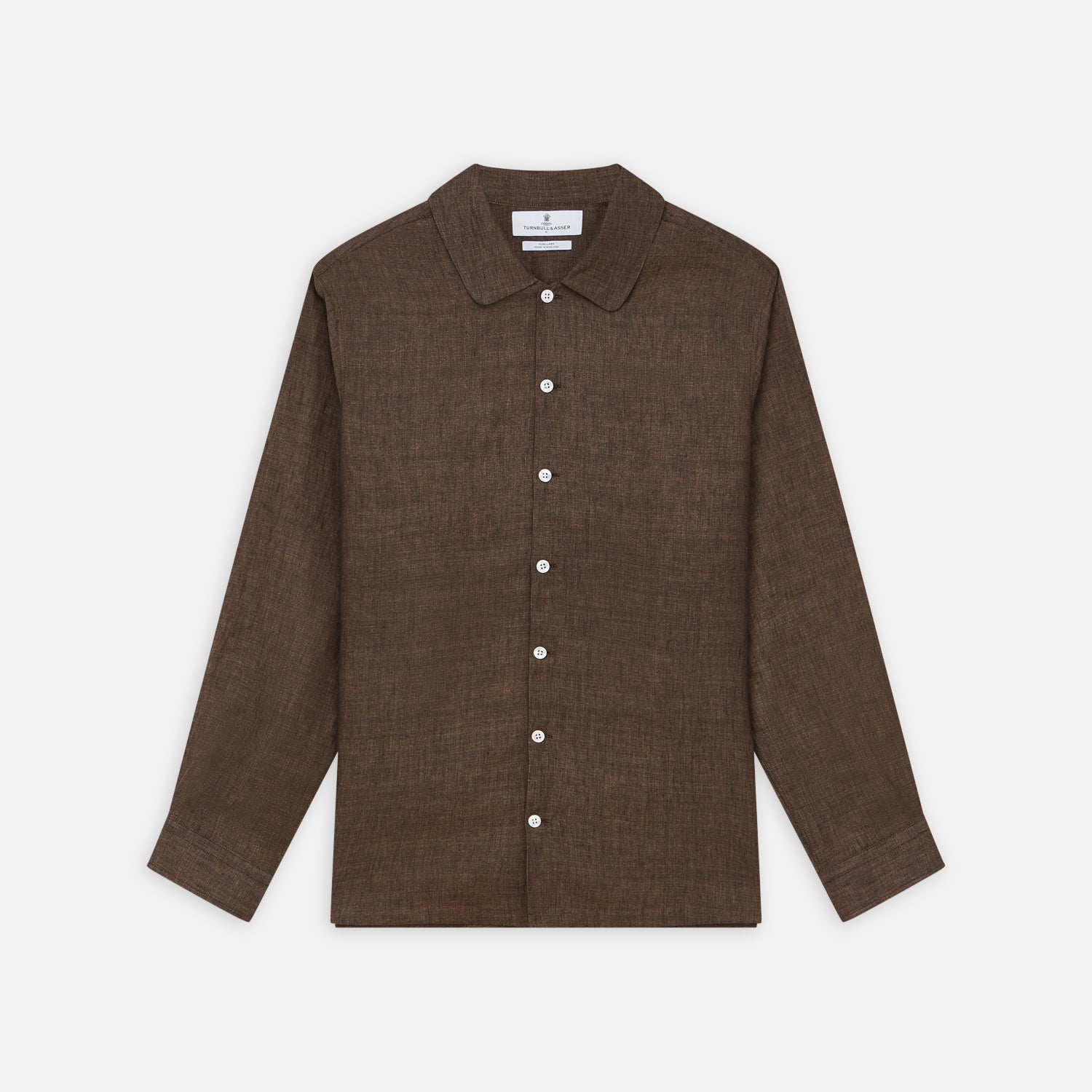 View 1 of product The Turnbull & Asser Chocolate Brown Linen Holiday Fit Fellows Shirt, featuring long sleeves, a classic collar, and white buttons, is displayed flat on a white background—ideal for effortless summer style.