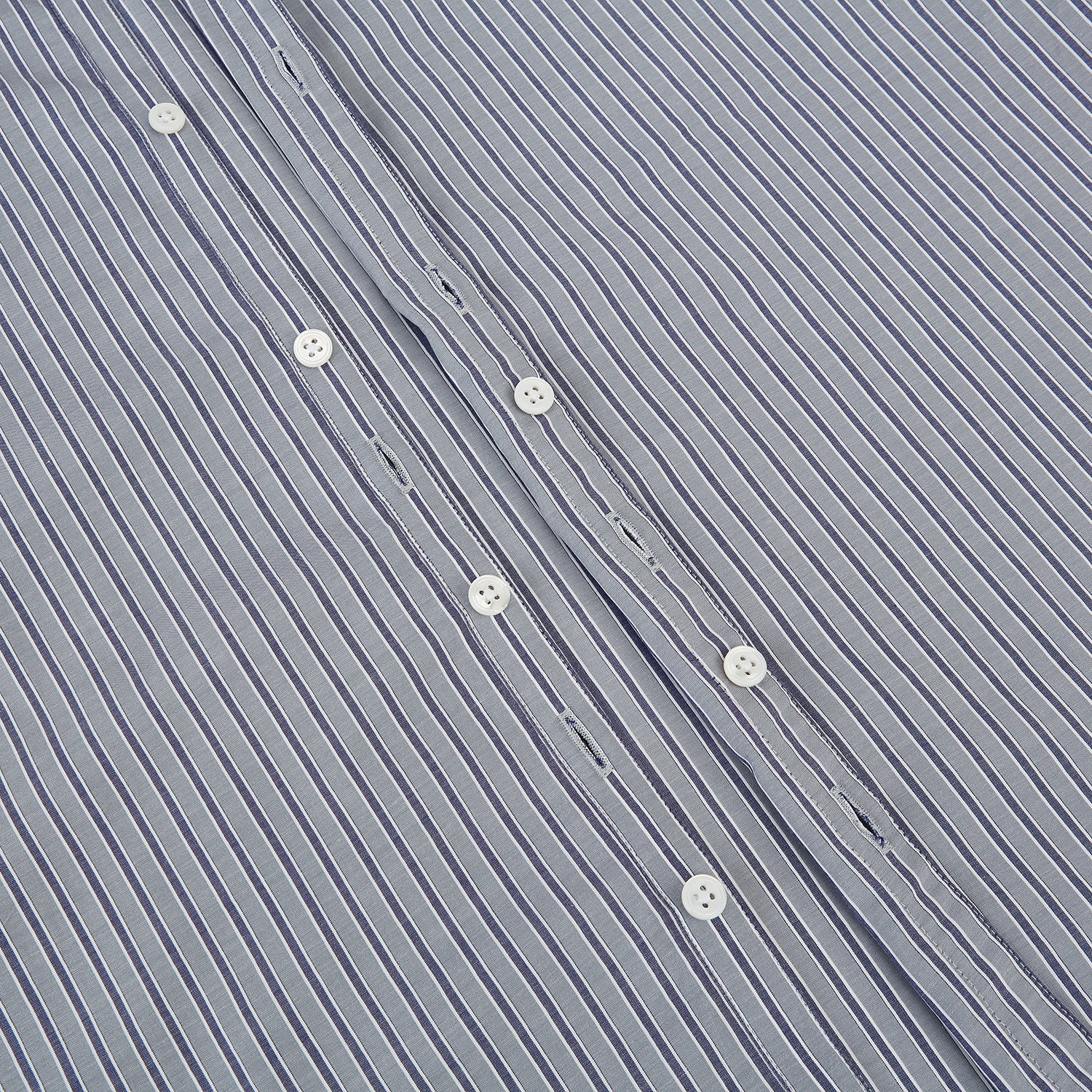 View 7 of product The Turnbull & Asser Grey Ticking Stripe Westminster Shirt features thin vertical grey stripes and a classic collar, showcased against a plain white background.