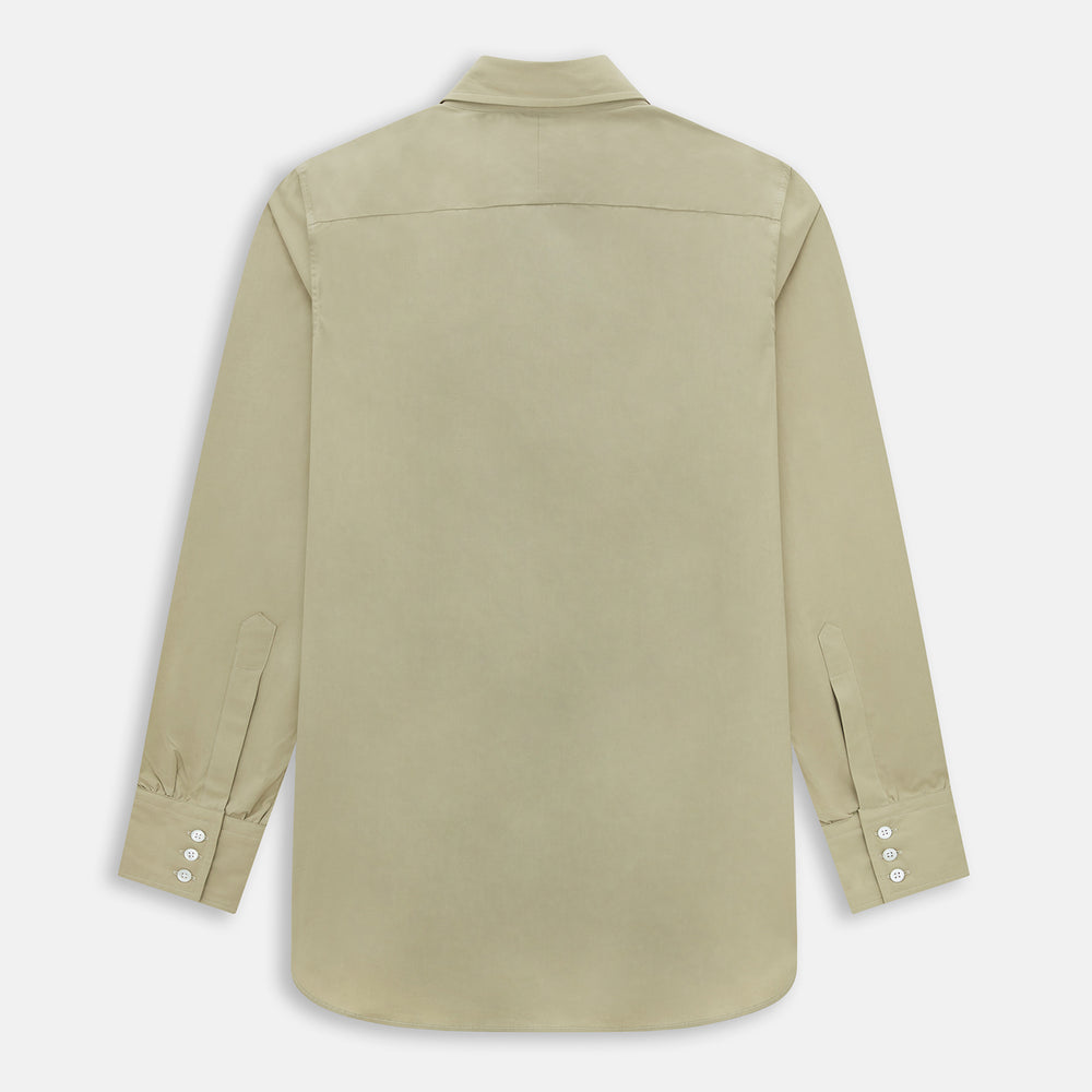 The TAUPE WINDSOR SHIRT by Turnbull & Asser features a Windsor collar and buttoned cuffs. This long-sleeve shirt showcases refined British design and is displayed flat on a white background.