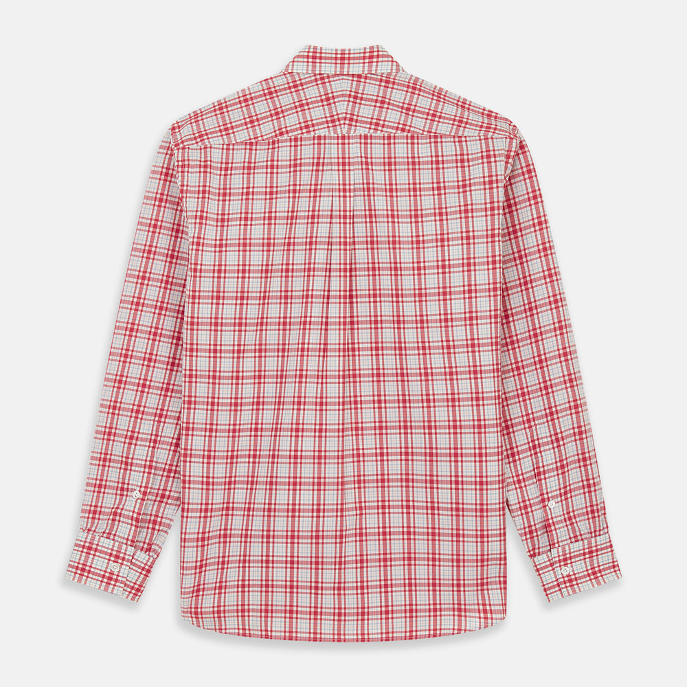 The Turnbull & Asser Red Check Cotton Weekend Fit Finch Shirt is a men's long-sleeved, button-up shirt with a Derby collar and red-and-white plaid pattern, displayed flat on a white background.