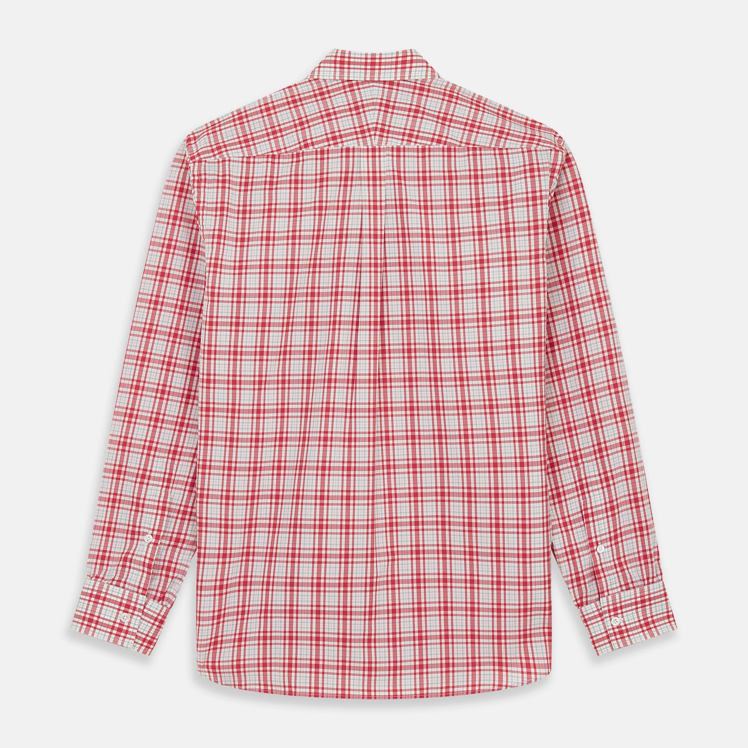 View 6 of product The Turnbull & Asser Red Check Cotton Weekend Fit Finch Shirt is a men's long-sleeved, button-up shirt with a Derby collar and red-and-white plaid pattern, displayed flat on a white background.