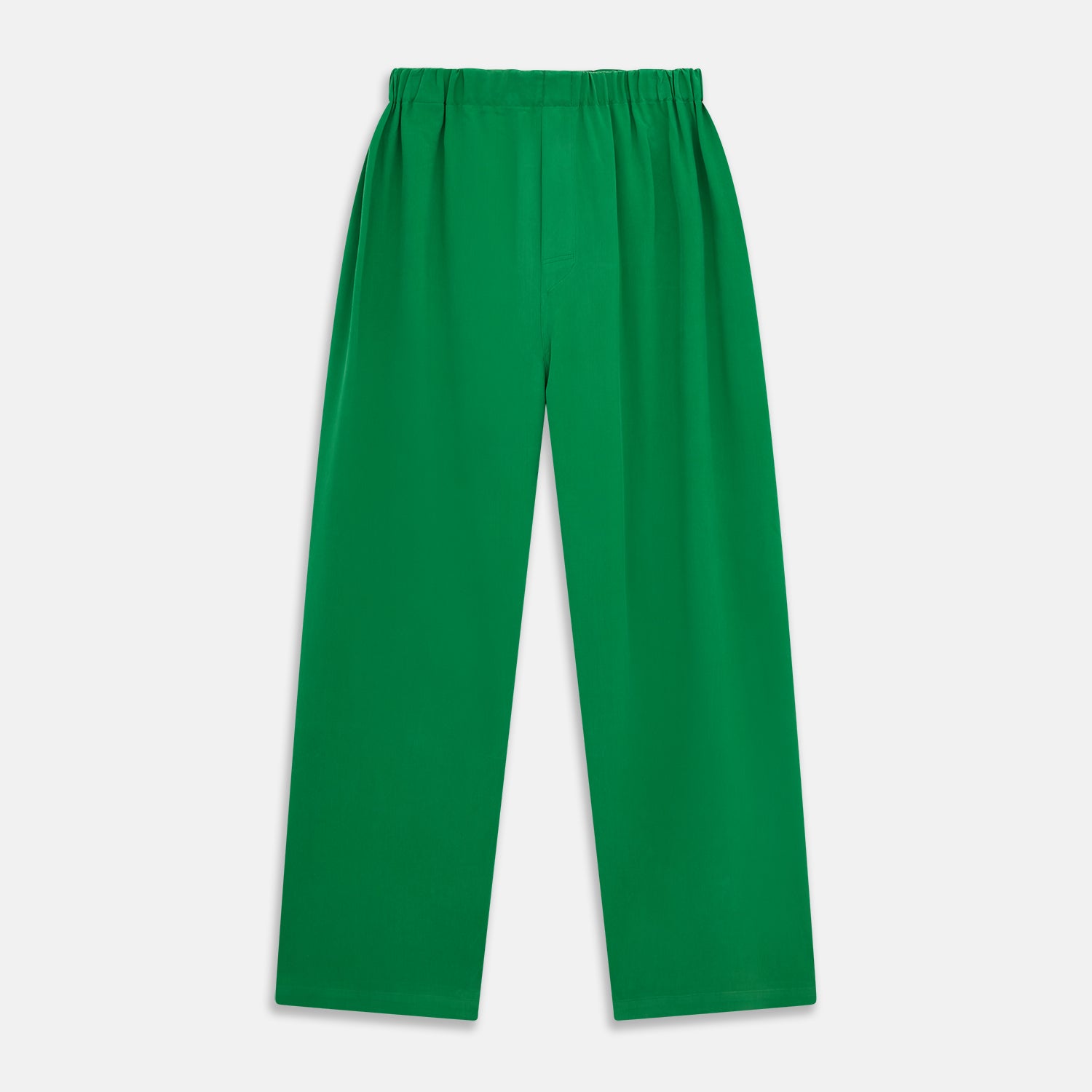 View 5 of product The Turnbull & Asser Green Silk Hyde Pyjamas Set features a long-sleeve button-up top with three pockets and modern fit elastic waistband pants in silk blend, both shown laid flat on a white background.