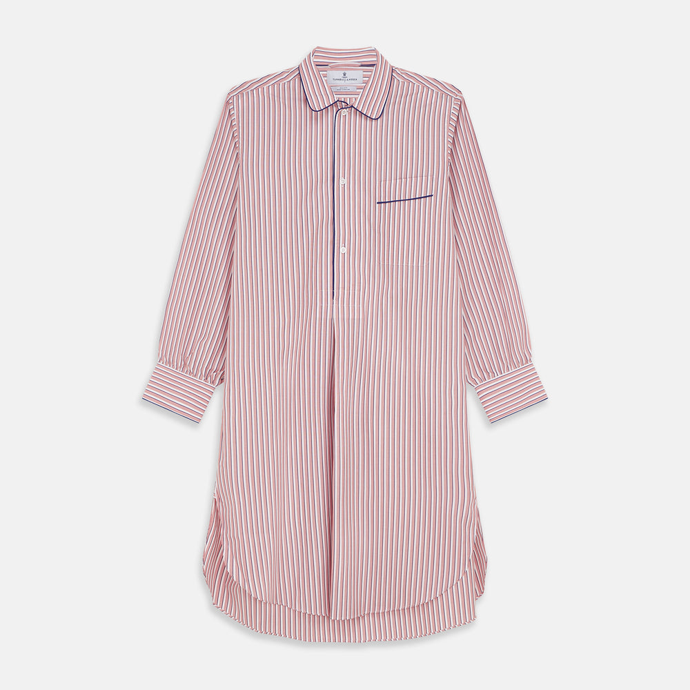 The Orange Multi Stripe Cotton Sussex Nightshirt by Turnbull & Asser features a classic collar, red and white vertical stripes, a chest pocket with blue trim, button-down front, and curved hem—a luxe take on the traditional nightshirt.