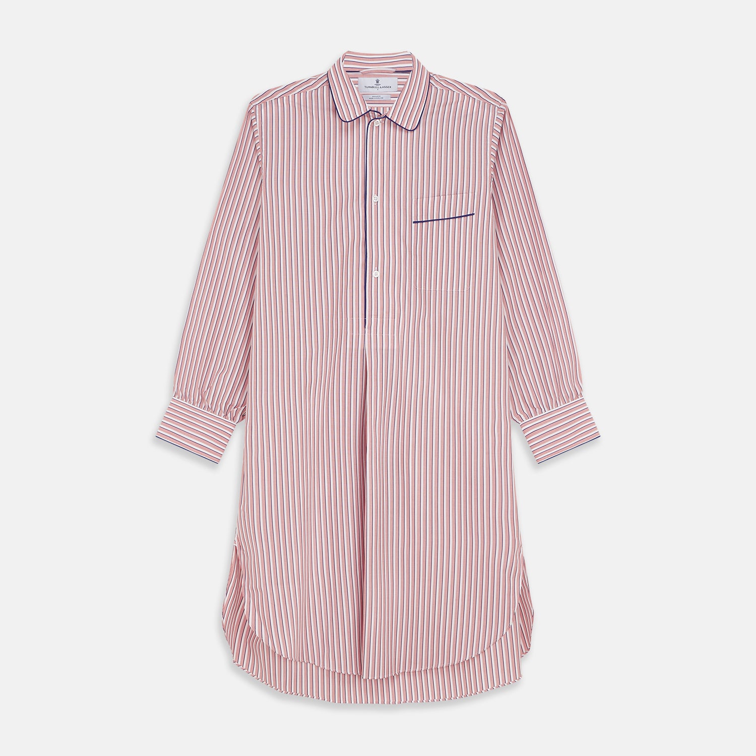 View 1 of product The Orange Multi Stripe Cotton Sussex Nightshirt by Turnbull & Asser features a classic collar, red and white vertical stripes, a chest pocket with blue trim, button-down front, and curved hem—a luxe take on the traditional nightshirt.