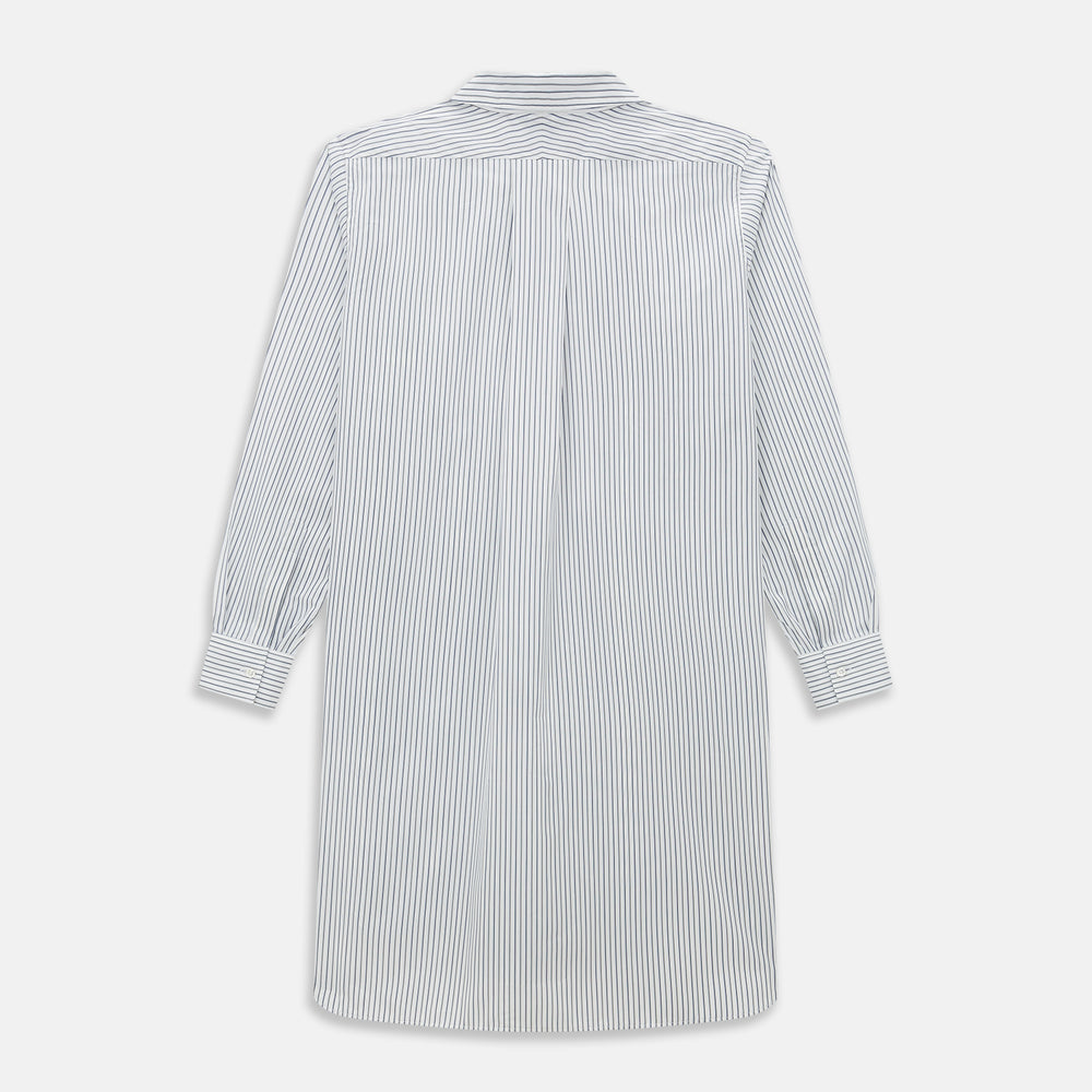 The Brown Multi Stripe Quarzo Nightshirt by Turnbull & Asser is a long-sleeve, knee-length Italian cotton nightshirt with brown and blue stripes, a collar, button placket, chest pocket, and cuffs. The dress is laid flat on a white background.
