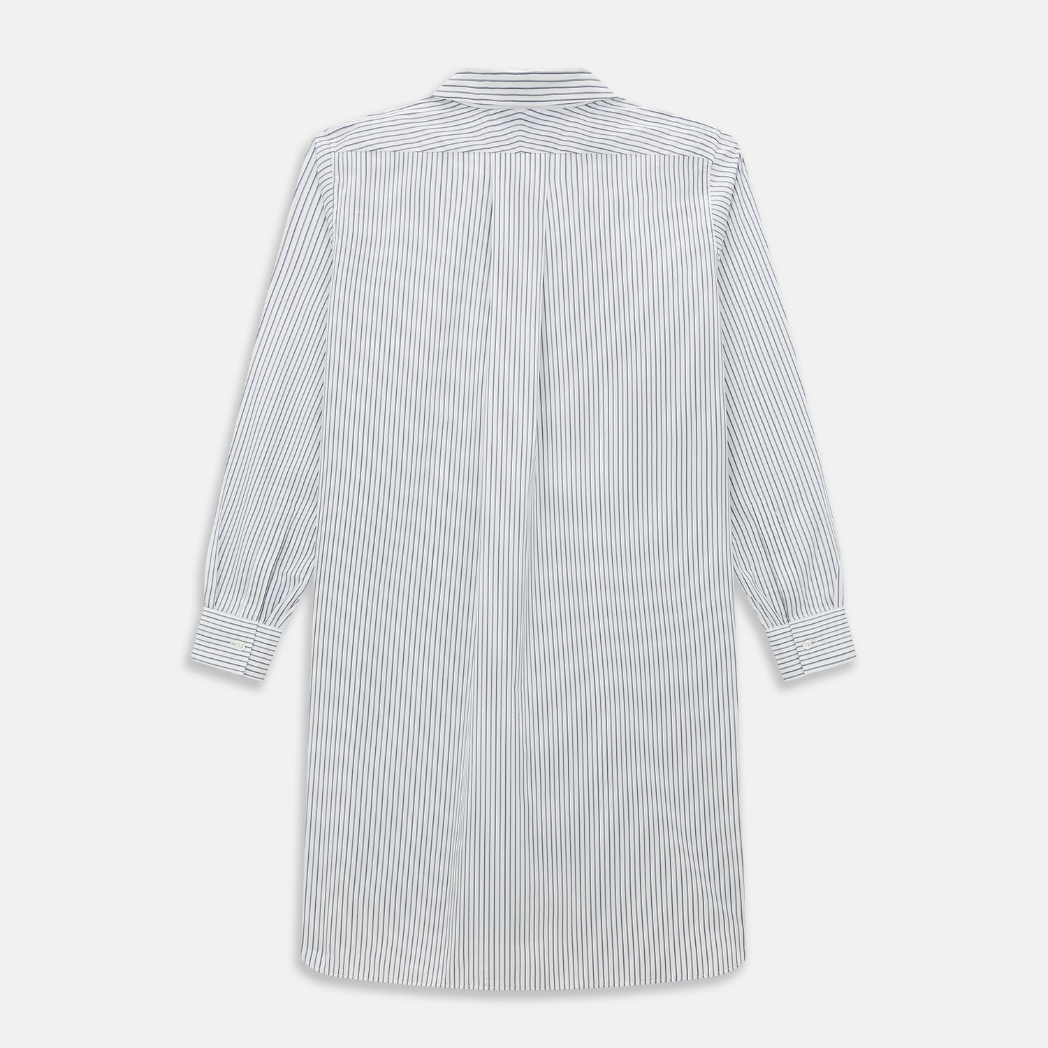 View 3 of product The Brown Multi Stripe Quarzo Nightshirt by Turnbull & Asser is a long-sleeve, knee-length Italian cotton nightshirt with brown and blue stripes, a collar, button placket, chest pocket, and cuffs. The dress is laid flat on a white background.