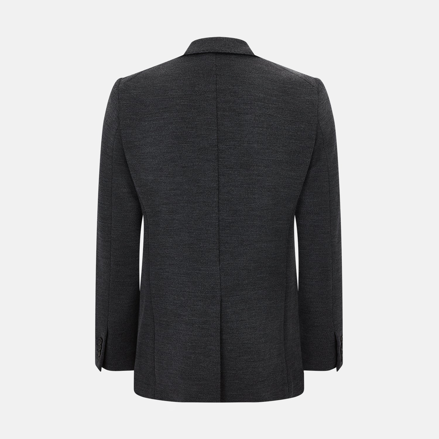 View 3 of product The Turnbull & Asser Graphite Knitted Oxford Blazer for men features a dark gray hue, two buttons, notched lapels, and three front pockets—a modern British-inspired piece styled elegantly against a light background.