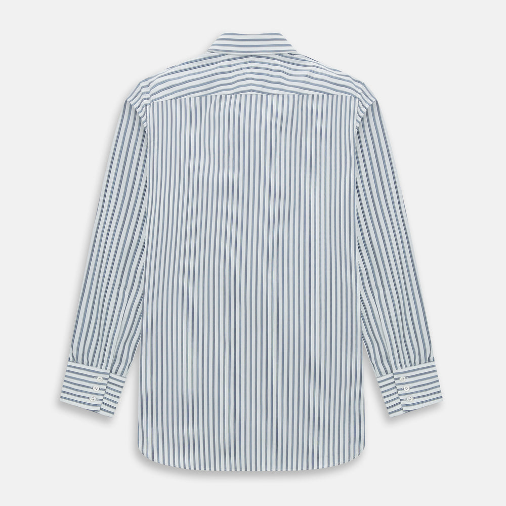 The Sapphire Blue Multi Track Stripe Westminster Shirt by Turnbull & Asser features a turnbull collar and vertical stripes, elegantly displayed flat against a white background—an ideal example of British craftsmanship.