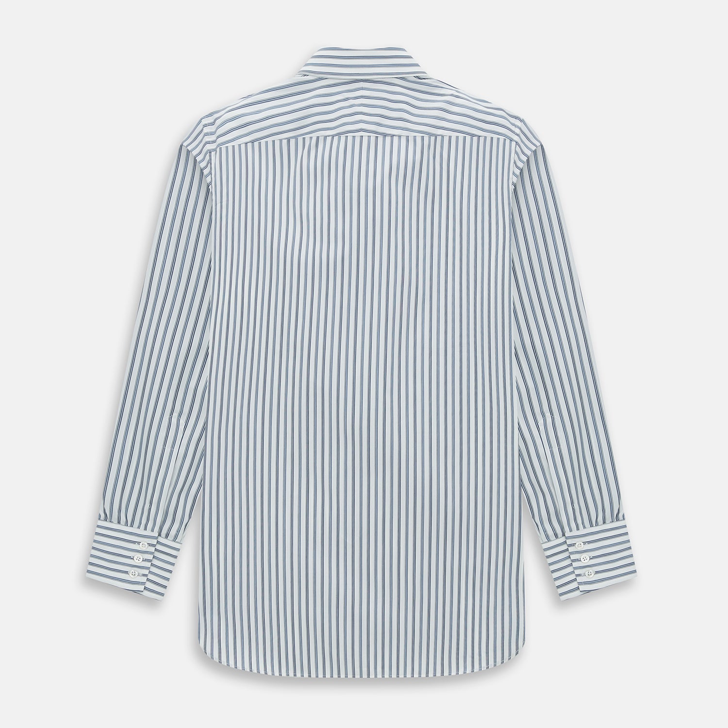 View 3 of product The Sapphire Blue Multi Track Stripe Westminster Shirt by Turnbull & Asser features a turnbull collar and vertical stripes, elegantly displayed flat against a white background—an ideal example of British craftsmanship.