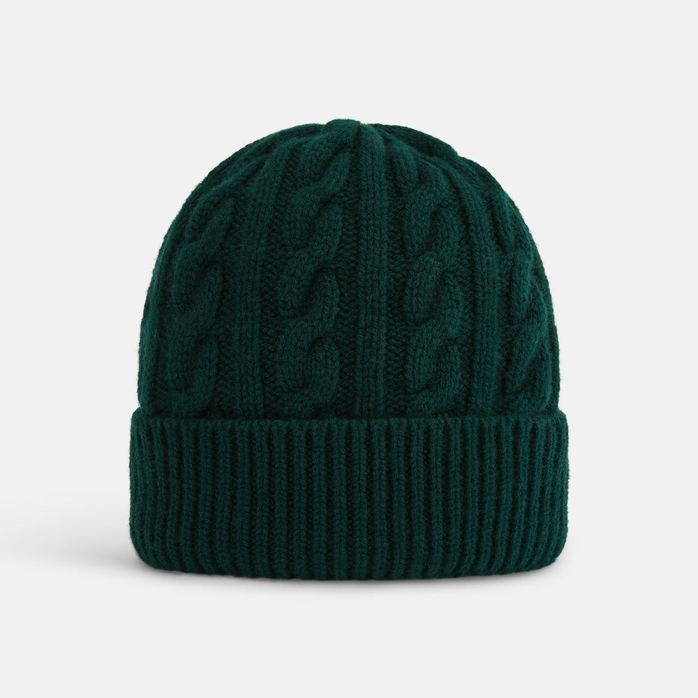 The Forest Green Cable Knit Cashmere Beanie by Turnbull & Asser features a chunky texture and thick ribbed fold-over cuff, shown on a plain white background.