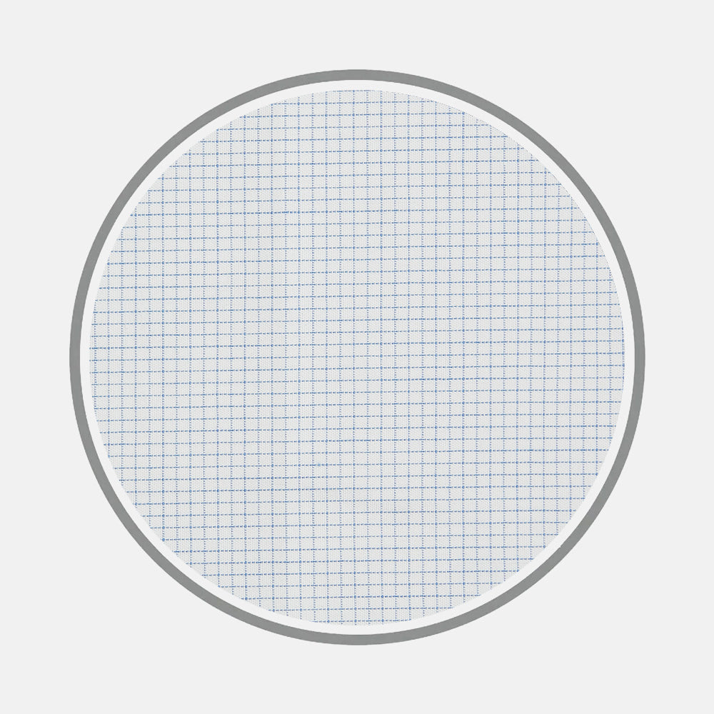 The Pale Blue Graph Check Fabric by Turnbull & Asser features thin blue lines forming small squares on a white background, finished with a gray border.