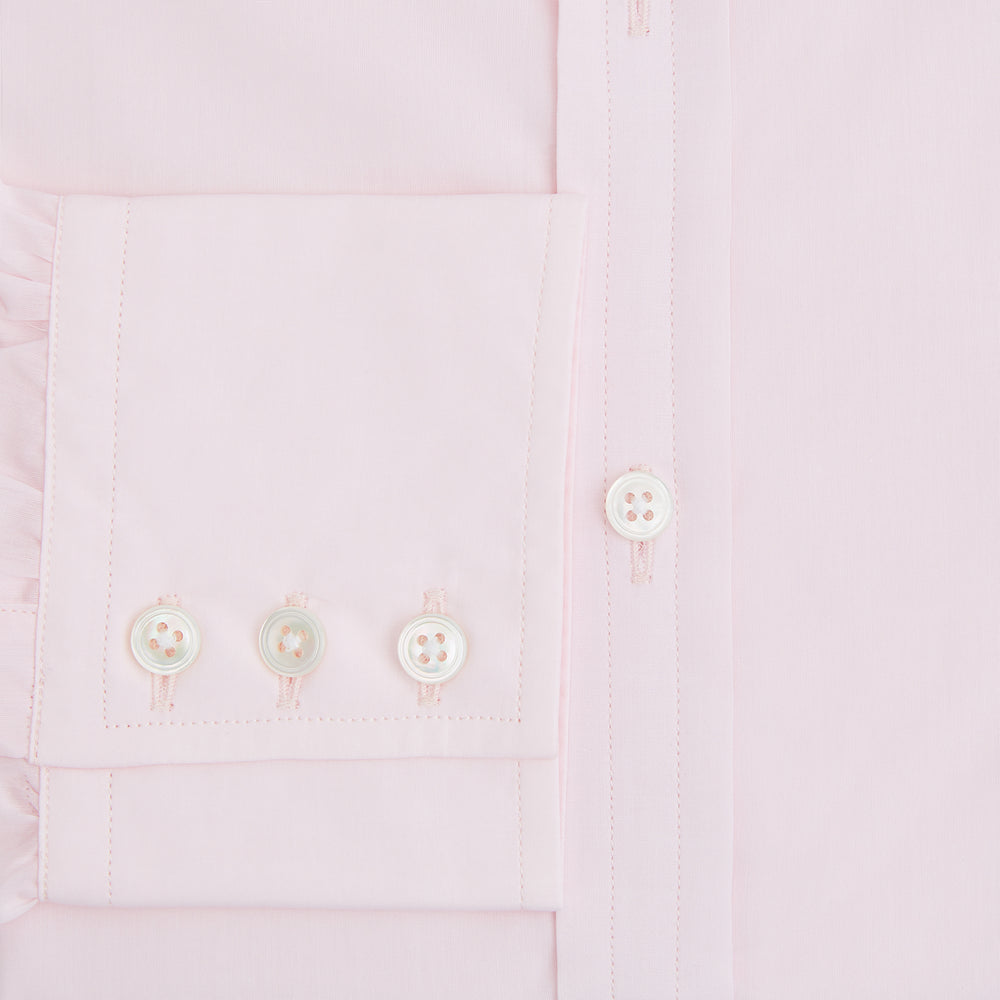 The Turnbull & Asser Pink Mayfair Shirt features long sleeves, a classic collar, and white buttons—a refined choice for any men's wardrobe. Laid flat against a white background, it highlights timeless style and craftsmanship.