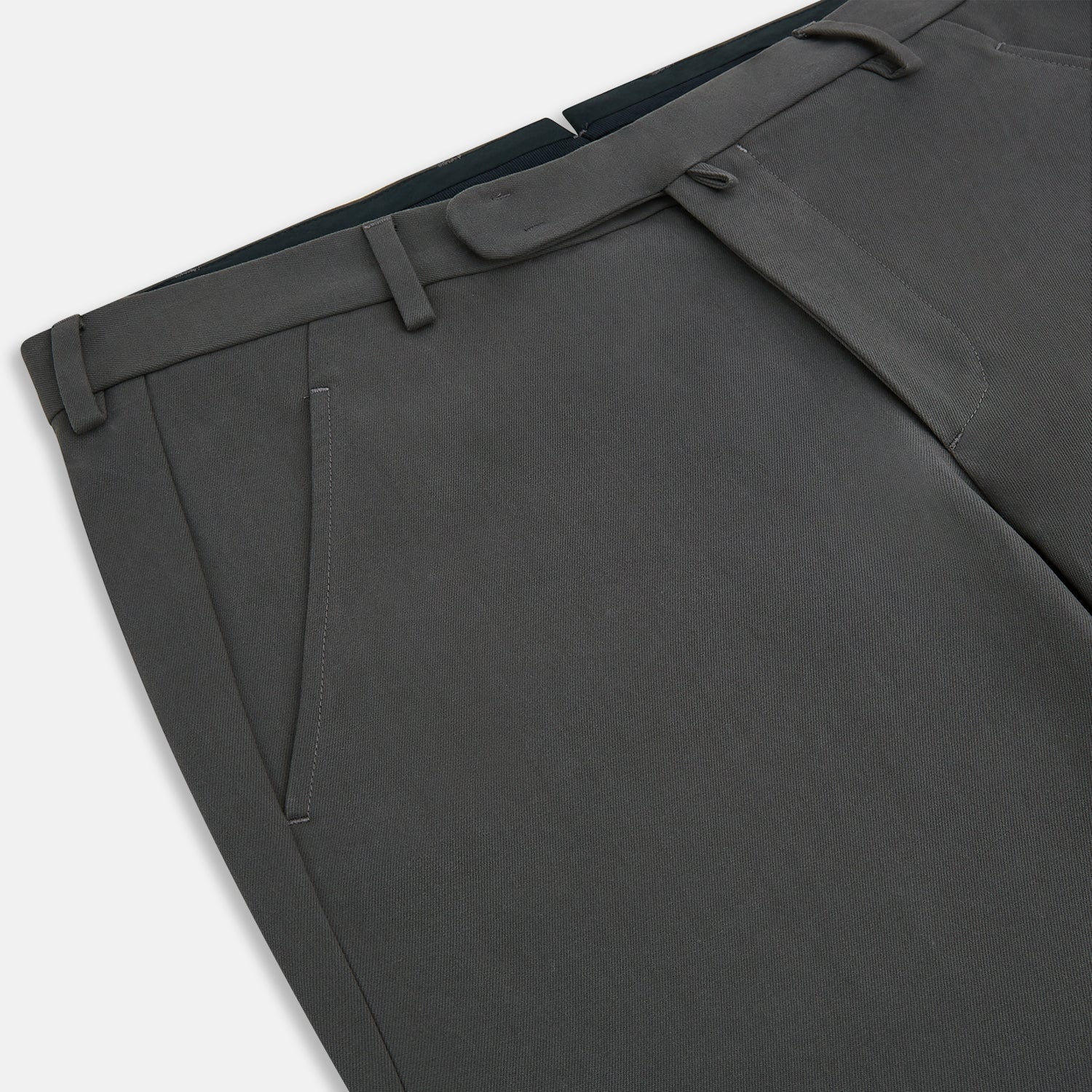 View 2 of product The Grey Henry B Trousers by Turnbull & Asser are straight-leg, feature belt loops, front pockets, a flat front, and are crafted from premium Italian cotton. Shown against a plain white background.