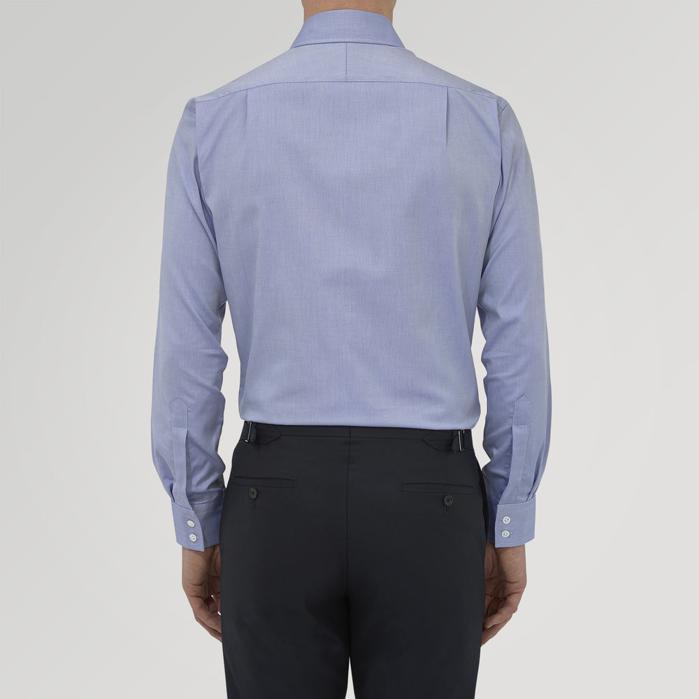 A Turnbull & Asser Tailored Fit Blue Royal Oxford Cotton Shirt with a Kent collar and 2-button cuffs is neatly displayed on a white background, highlighting its refined design and quality craftsmanship.