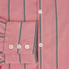View 4 of product The Coral Pink Track Stripe Westminster Shirt by Turnbull & Asser features vertical navy and white stripes, a tailored fit, pointed collar, and buttoned cuffs—is displayed laid flat on a white background.