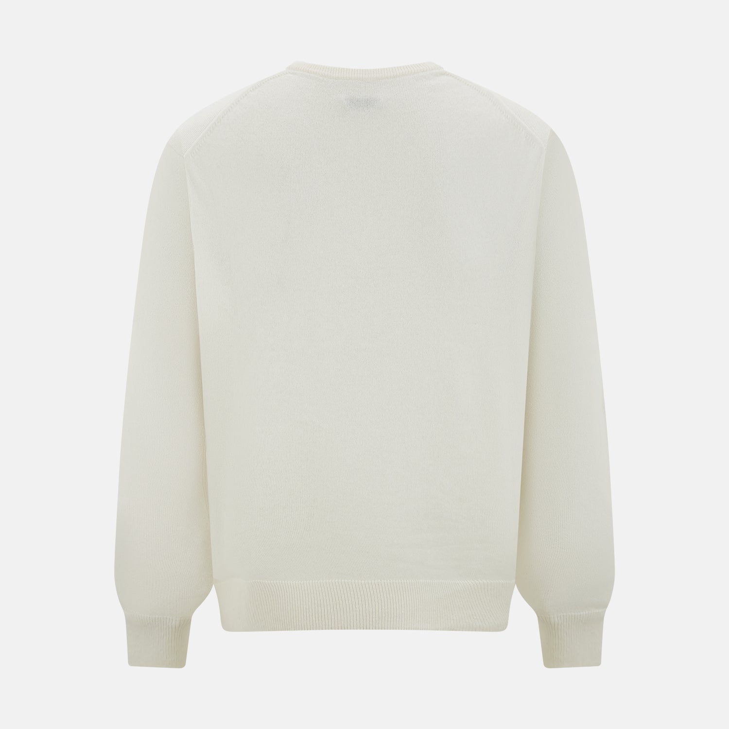 View 3 of product The Turnbull & Asser Ivory Cashmere V-neck Jumper features long sleeves with ribbed cuffs and hem, showcasing timeless knitwear style against a white background.