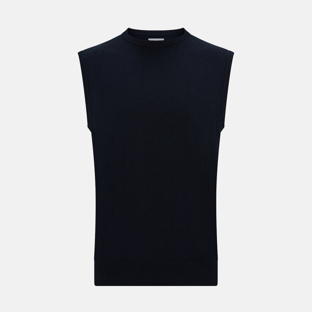The Navy Cashmere Round Neck Vest by Turnbull & Asser is an elegant men's sleeveless knit, featuring a crew neck and ribbed hem. Perfect as a light layer, it is displayed against a plain white background.
