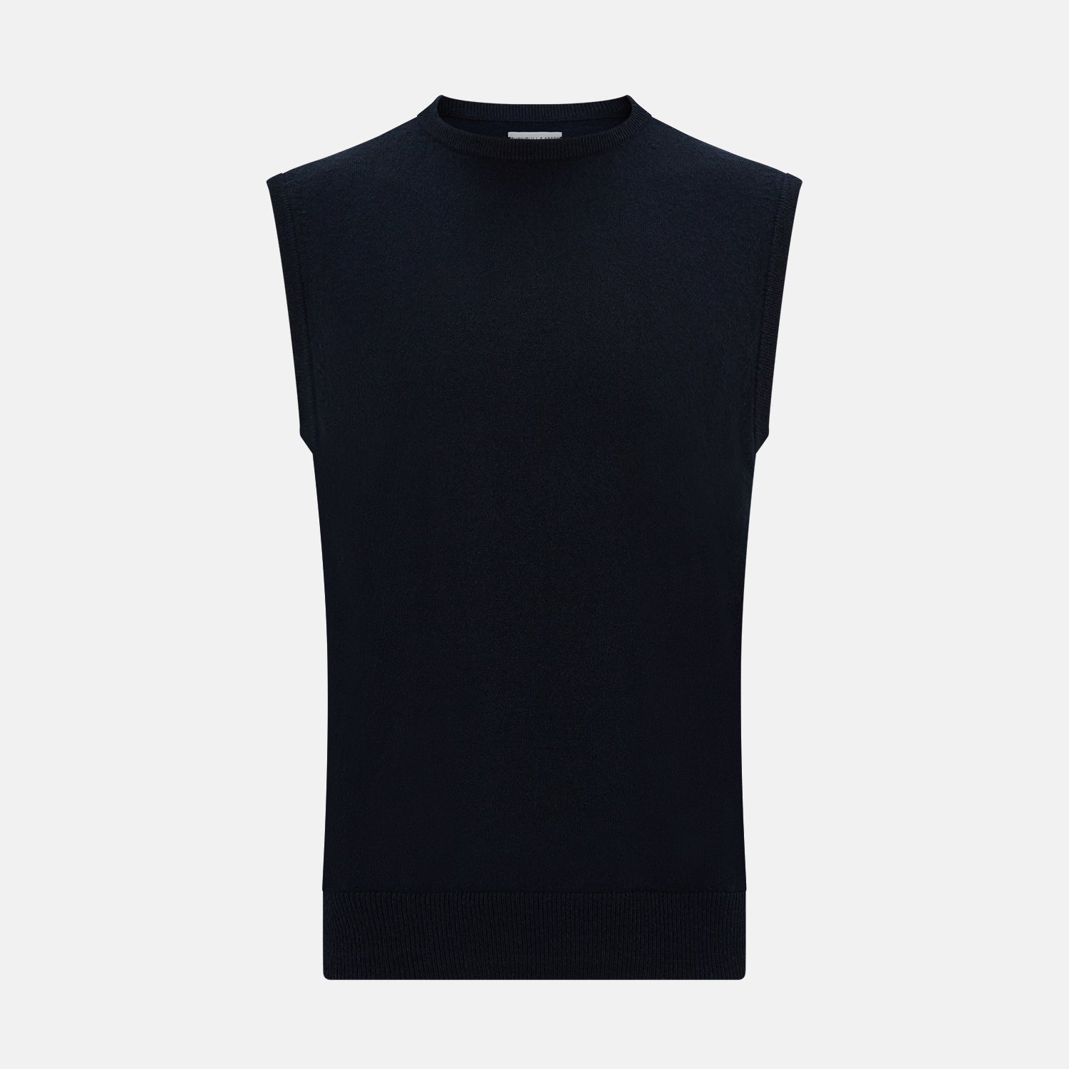 View 1 of product The Navy Cashmere Round Neck Vest by Turnbull & Asser is an elegant men's sleeveless knit, featuring a crew neck and ribbed hem. Perfect as a light layer, it is displayed against a plain white background.