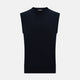 The Navy Cashmere Round Neck Vest by Turnbull & Asser is an elegant men's sleeveless knit, featuring a crew neck and ribbed hem. Perfect as a light layer, it is displayed against a plain white background.