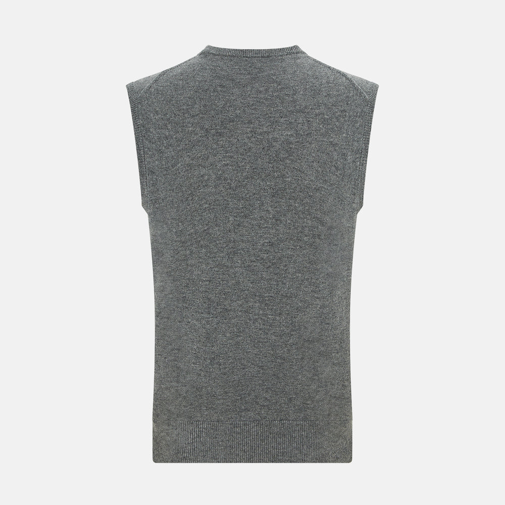 The Turnbull & Asser Ash Grey Cashmere Round Neck Vest is a men's sleeveless knit with a classic crew neckline, shown against a plain white background.