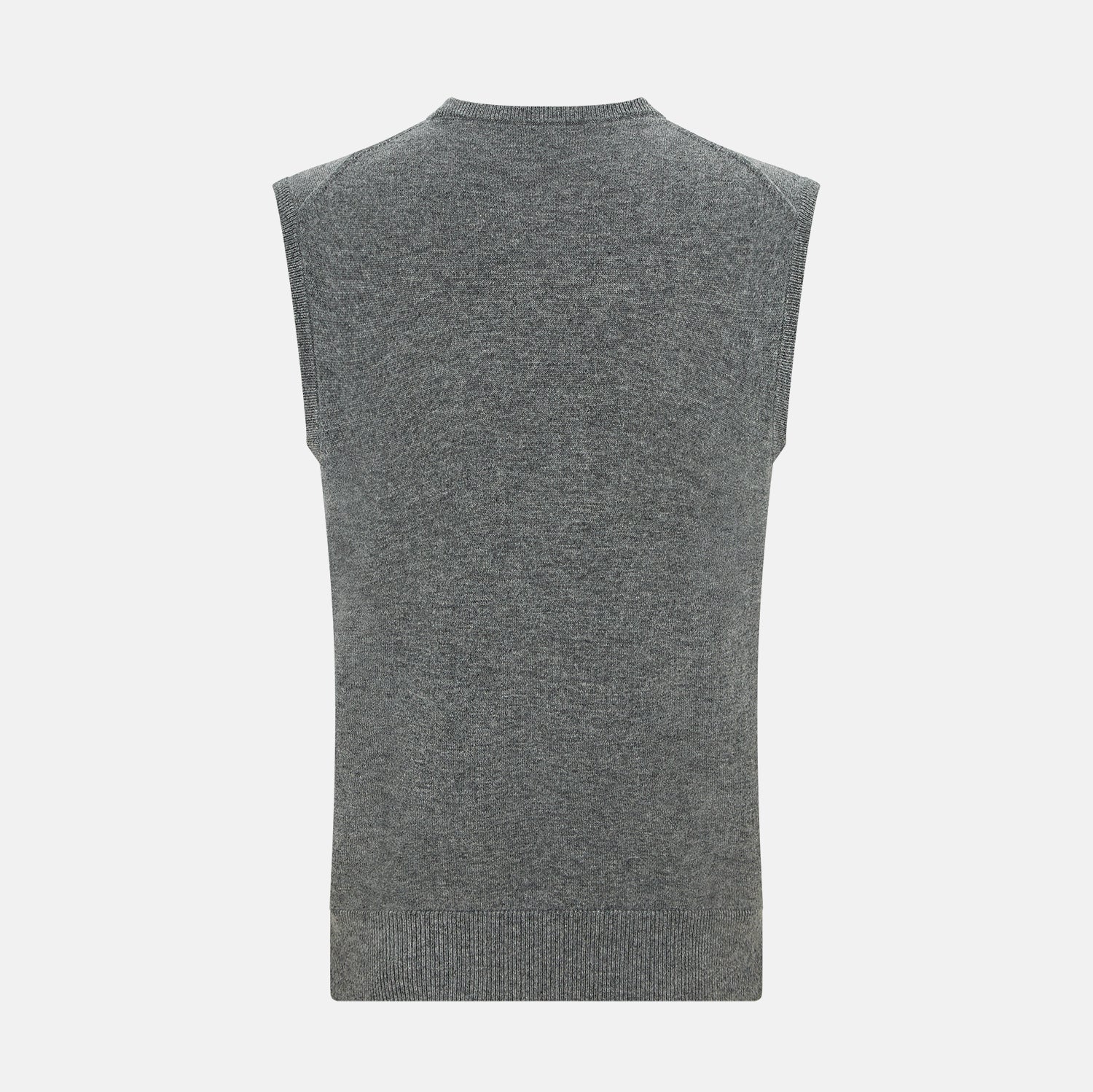 View 3 of product The Turnbull & Asser Ash Grey Cashmere Round Neck Vest is a men's sleeveless knit with a classic crew neckline, shown against a plain white background.