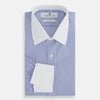 View 5 of product The Gekko Shirt by Turnbull & Asser features blue and white stripes with a white classic T&A collar and double cuffs, inspired by the Wall Street film. Shown on a plain white background.