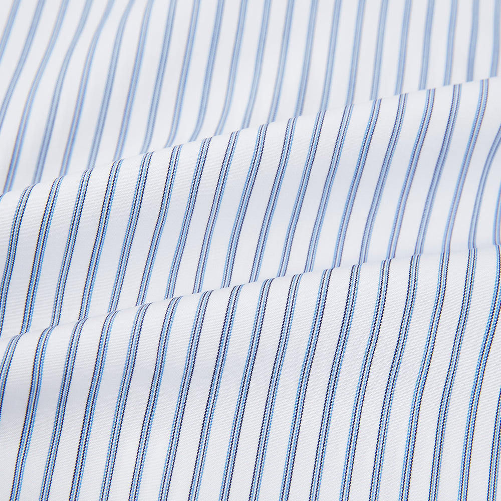 The Turnbull & Asser Navy Double Pinstripe Mayfair Shirt is a long-sleeve, button-up collared shirt with thin vertical blue and white stripes, shown against a plain white background.
