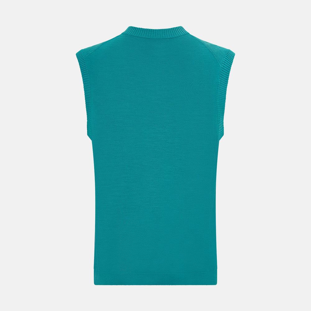 Turnbull & Asser's Turquoise Fine Merino V-Neck Vest features ribbed edges and a sleeveless design, ideal for a refined look, shown against a plain white background.