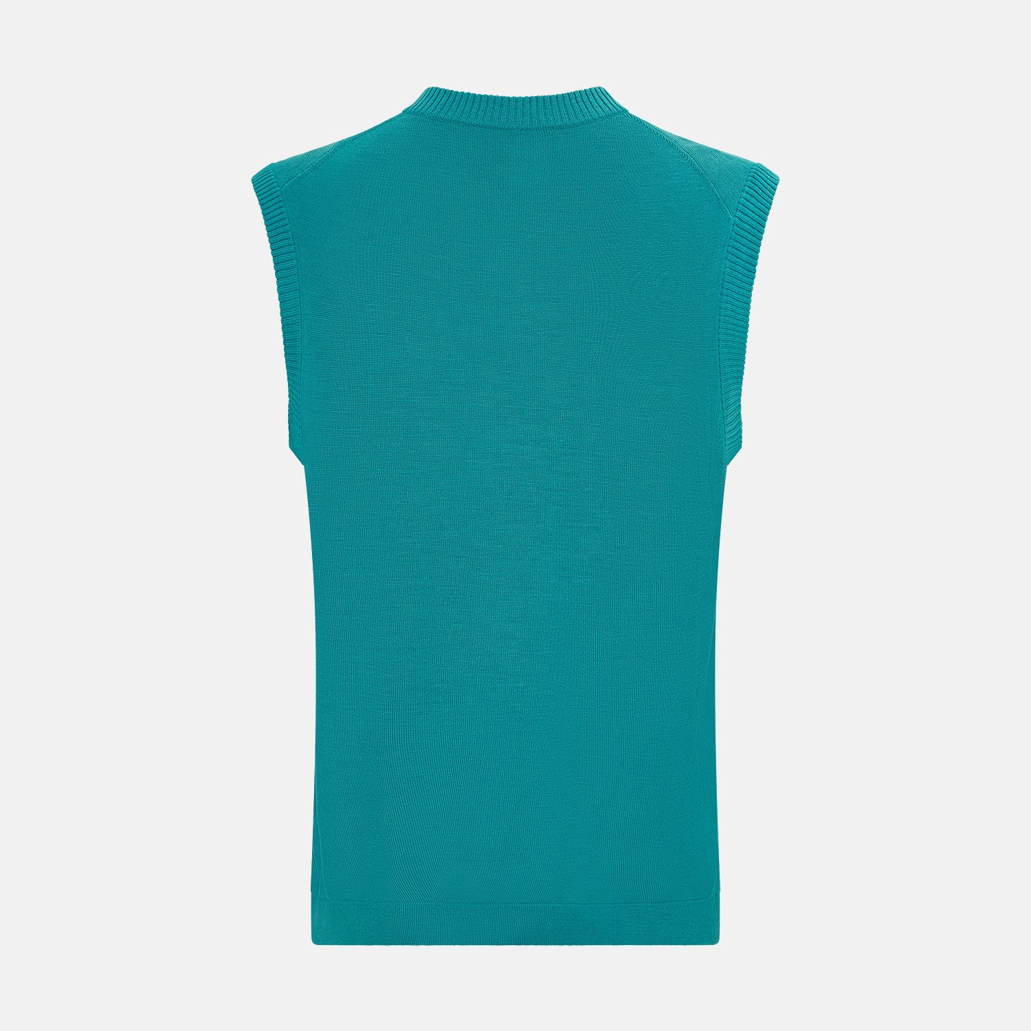 View 3 of product Turnbull & Asser's Turquoise Fine Merino V-Neck Vest features ribbed edges and a sleeveless design, ideal for a refined look, shown against a plain white background.