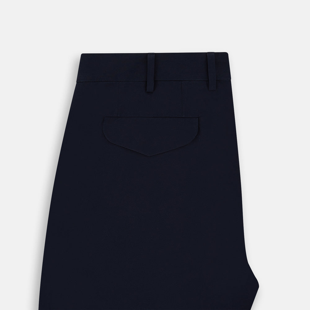 Turnbull & Asser’s Midnight Blue Winston Trousers, in high-twist cotton with belt loops and a button closure, are shown flat against a plain white background.