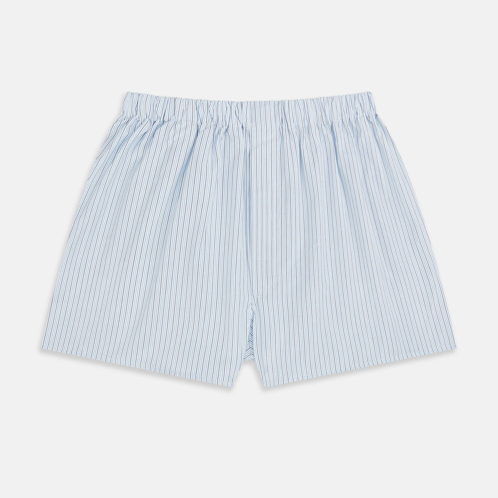 Turnbull & Asser Blue Stripe Godfrey Boxer Shorts, crafted from luxury Italian cotton with an elastic waistband, feature light blue and white vertical stripes and are shown flat on a white background.