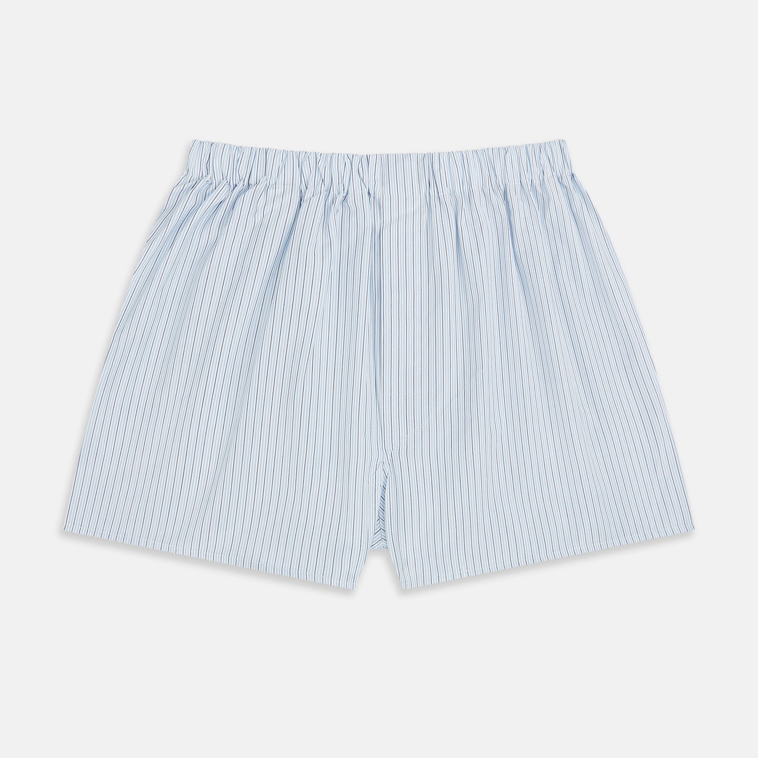 View 1 of product Turnbull & Asser Blue Stripe Godfrey Boxer Shorts, crafted from luxury Italian cotton with an elastic waistband, feature light blue and white vertical stripes and are shown flat on a white background.