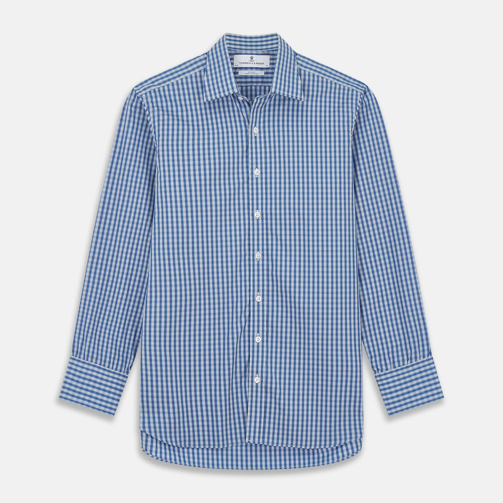 The Turnbull & Asser Navy Multi Check Cotton Regular Fit Mayfair Shirt features long sleeves, button-down front, collar, and buttoned cuffs in a navy and white check pattern, shown against a plain white background.
