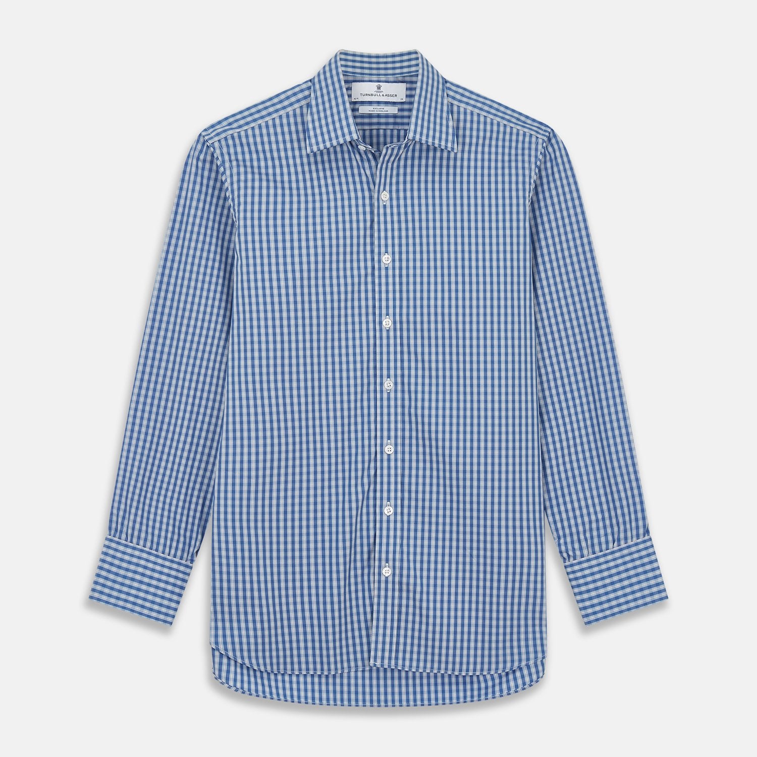 View 1 of product The Turnbull & Asser Navy Multi Check Cotton Regular Fit Mayfair Shirt features long sleeves, button-down front, collar, and buttoned cuffs in a navy and white check pattern, shown against a plain white background.