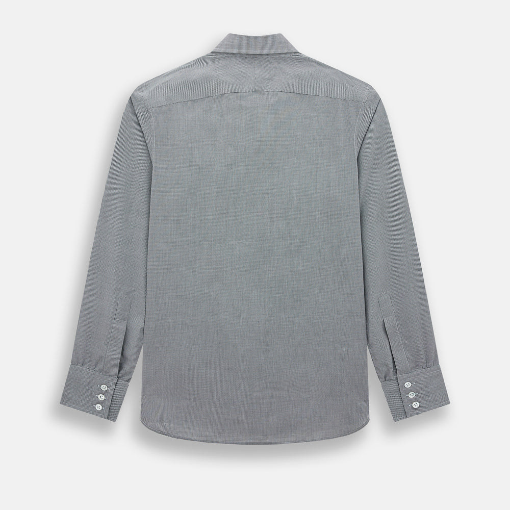 The Turnbull & Asser Grey and White Micro Check Westminster Shirt features long sleeves, a button-up front, a Westminster collar, and white buttons, shown flat on a white background.