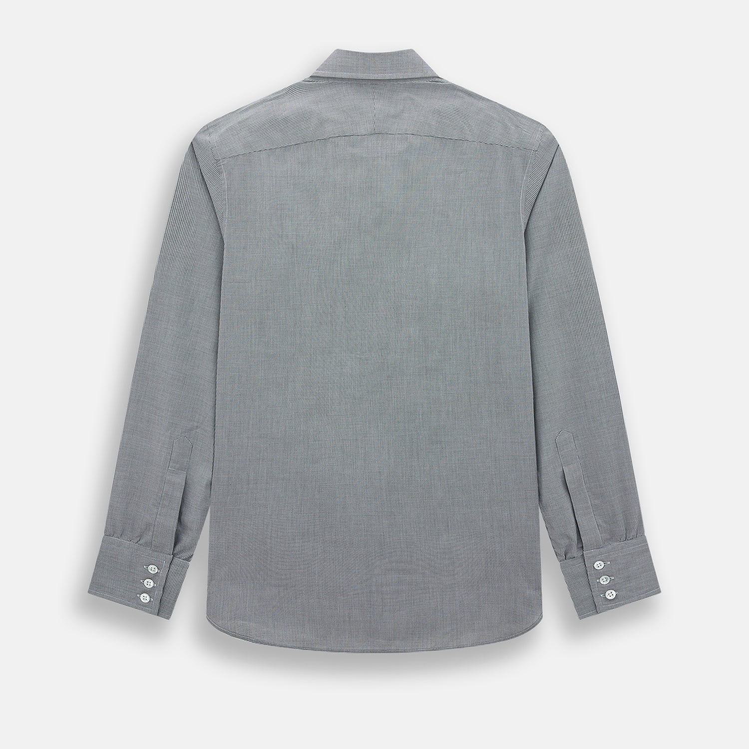 View 3 of product The Turnbull & Asser Grey and White Micro Check Westminster Shirt features long sleeves, a button-up front, a Westminster collar, and white buttons, shown flat on a white background.