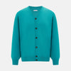 View 1 of product The Turnbull & Asser Turquoise Fine Merino V-Neck Cardigan features long sleeves, ribbed cuffs and hem, and black buttons, showcased against a plain white background.