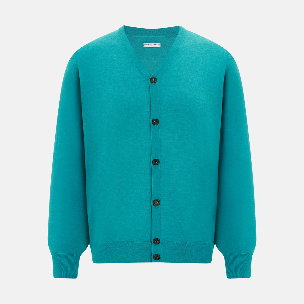 The Turnbull & Asser Turquoise Fine Merino V-Neck Cardigan features long sleeves, ribbed cuffs and hem, and black buttons, showcased against a plain white background.